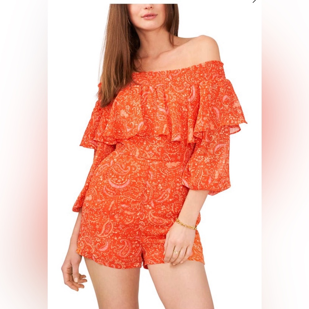 RUFFLE FLORAL OFF THE SHOULDER ROMPER IN ORANGE size small